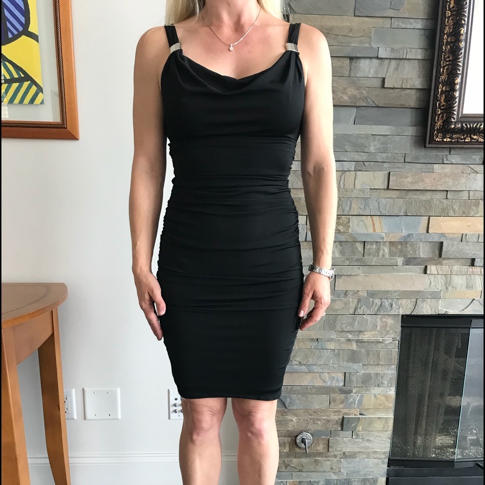 WHBM Instantly slimming, black ruched dress